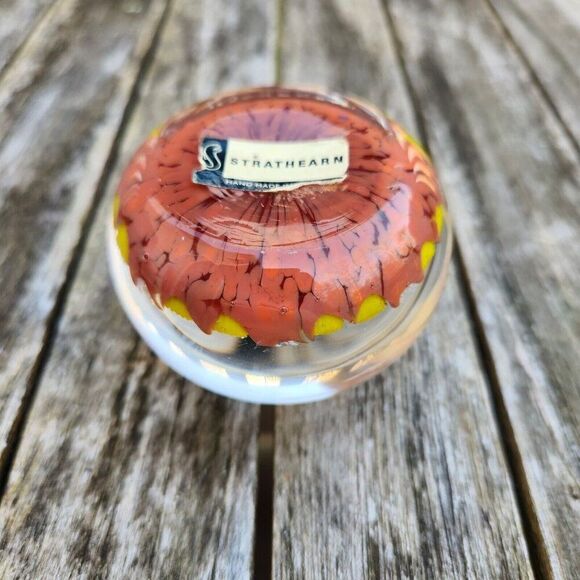 STRATHEARN Art Glass Scotland Millefiori Spoke Latticino Paperweight Red Yellow - Picture 6 of 7